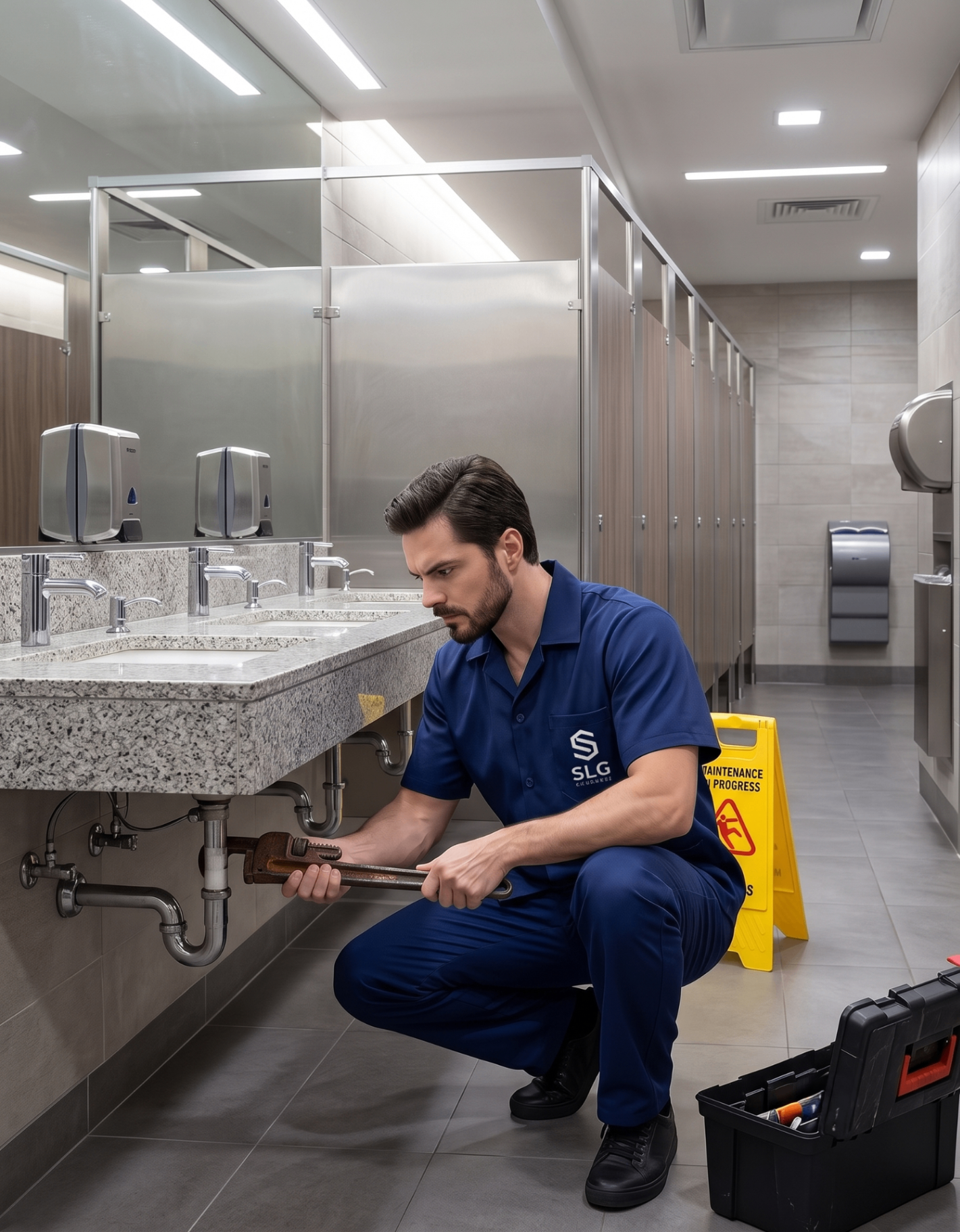 Profissional SLG realizando manutenção hidráulica em sanitário