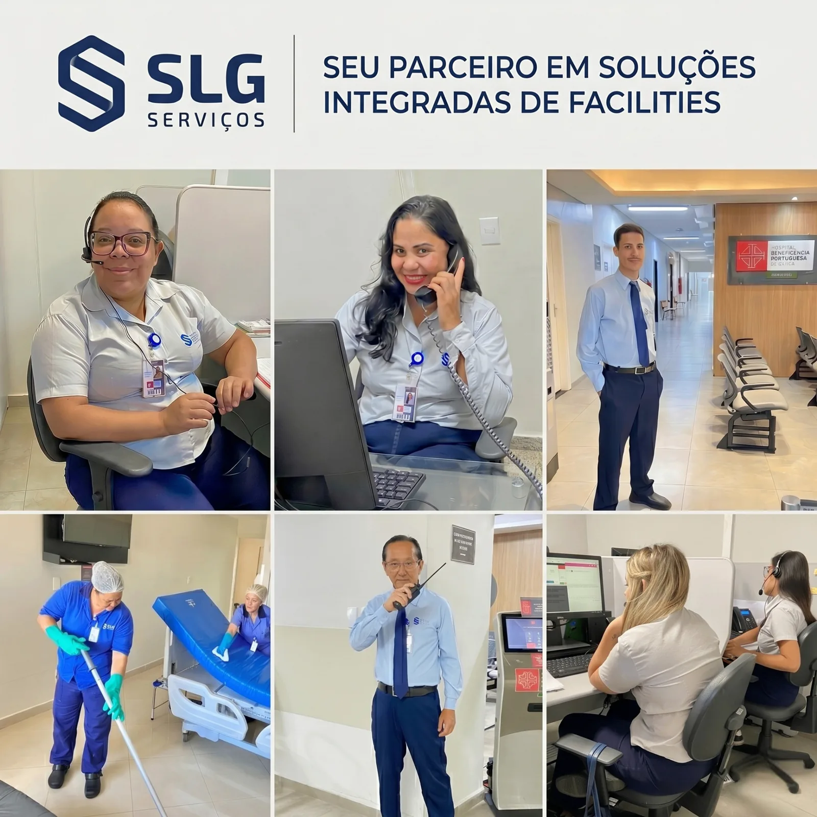 Equipe SLG Serviços atuando em recepção, portaria, limpeza hospitalar e atendimento