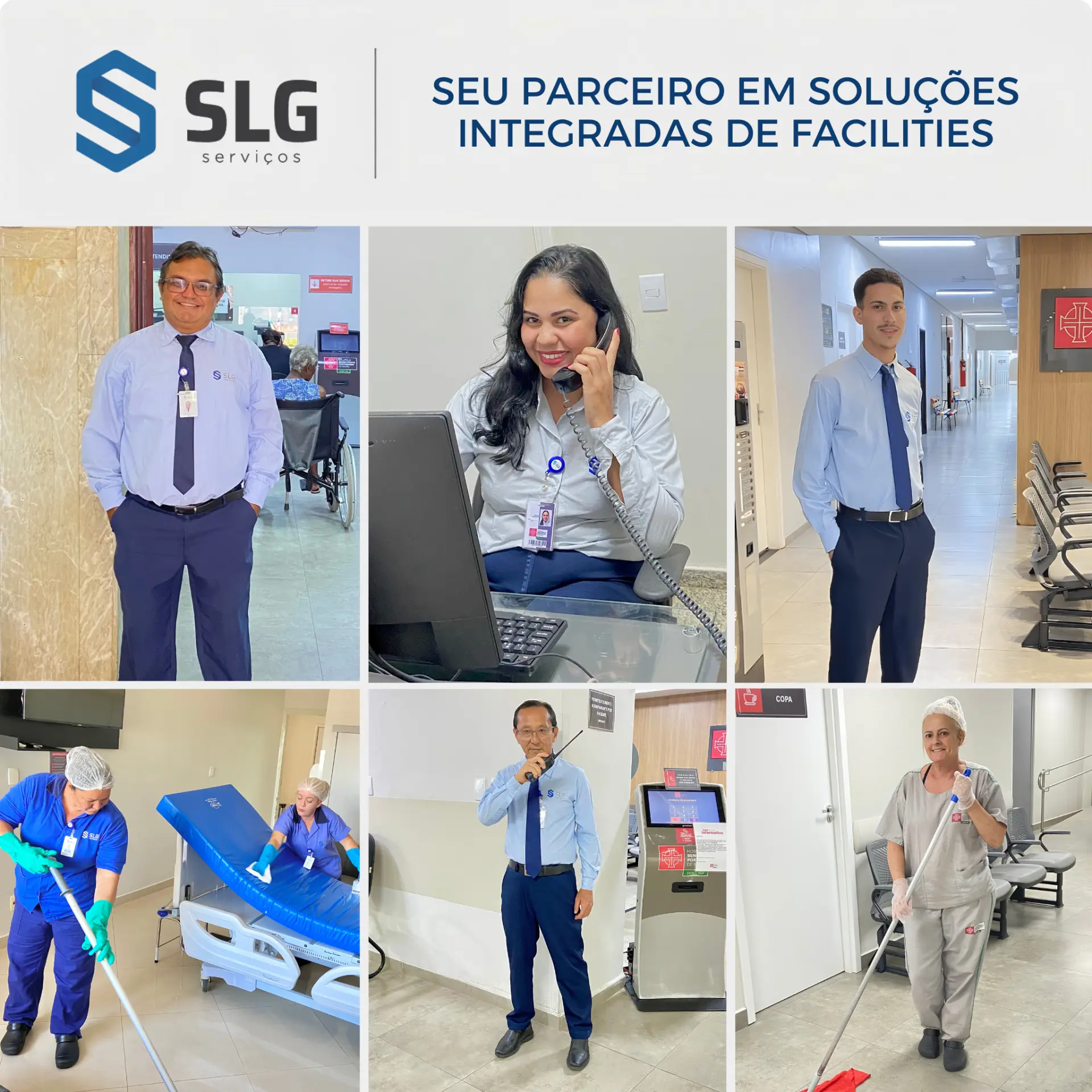 Equipe SLG Serviços atuando em recepção, portaria, limpeza hospitalar e atendimento